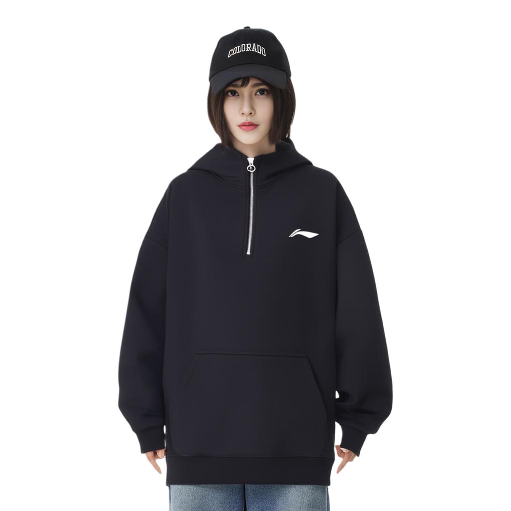 Li Ning Logo Print Loose Pullover Hoodie Unisex hoodies Black YWDU573-1