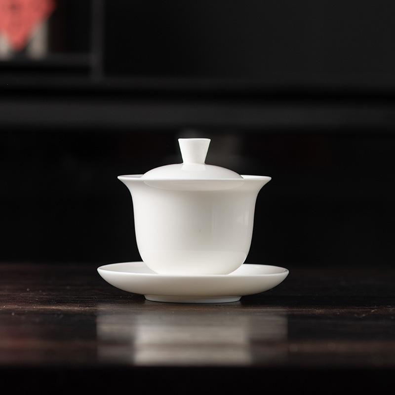 White porcelain suet jade three talent cover bowl single tea bowl household kung fu tea set ceramic tea bowl set