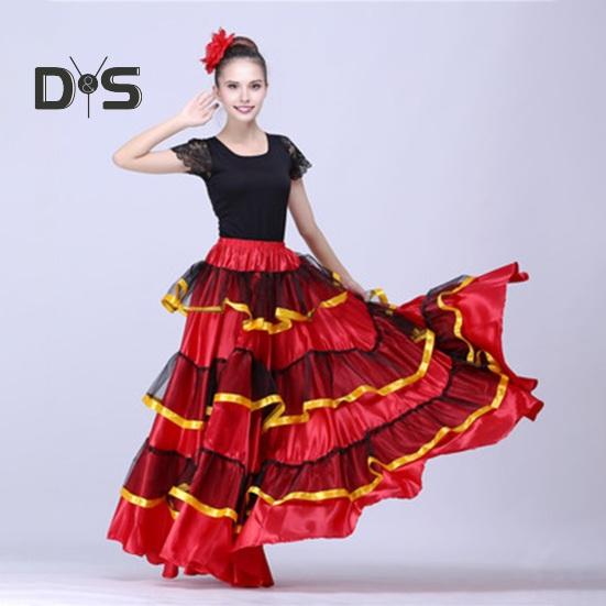 Dámská maxi sukně Elastické prošívání v pase Vrstvená dortová sukně Barva-Blocked Červená Černá 360° oversized sukně Stage Performance Wear