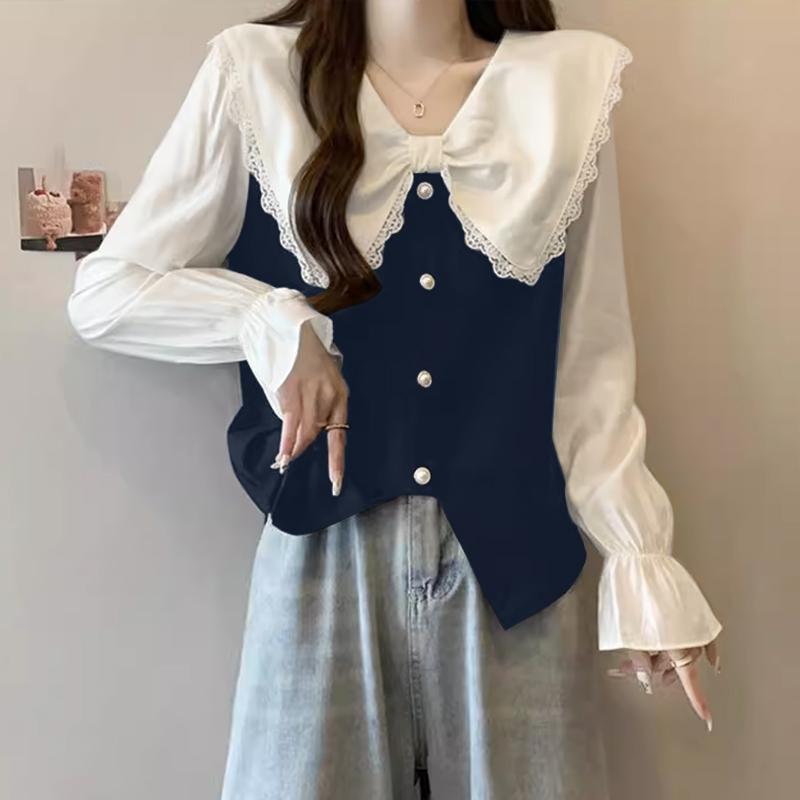 

VONDA женские осенние лацканы с завязками и кружевом с длинным рукавом контрастного цвета блузки 4XL темно-синий