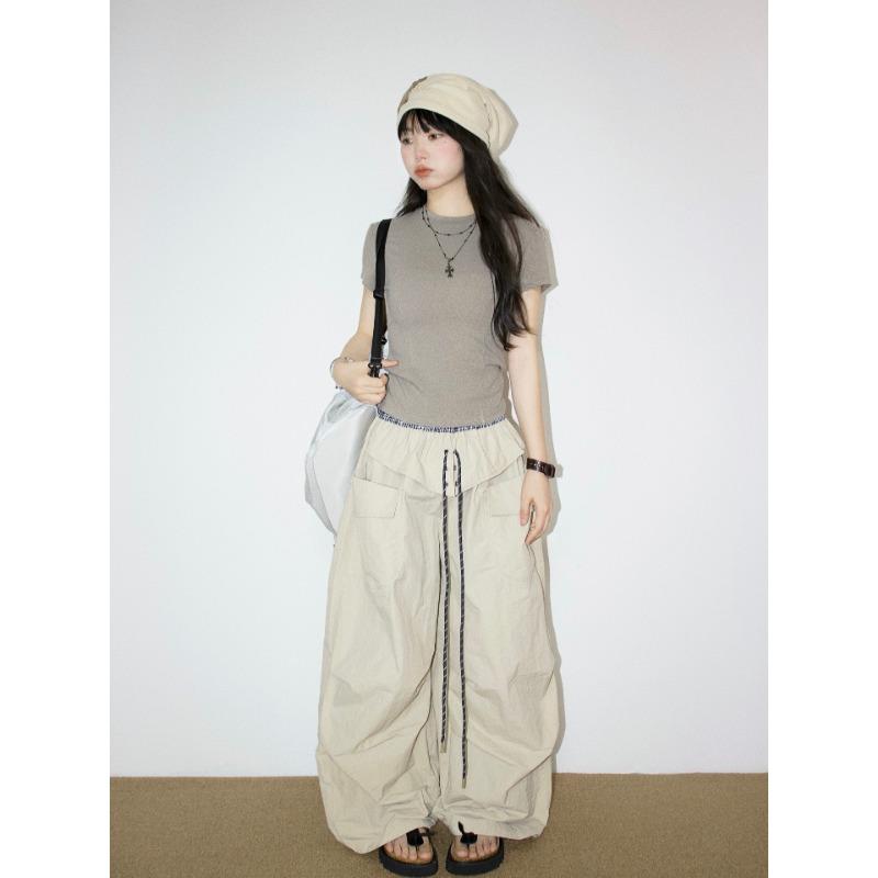 

Spice girl contrasting color splicing quick-drying overalls women s summer thin straps high waist outdoor paratrooper wide-leg sweatpants S абрикосовый