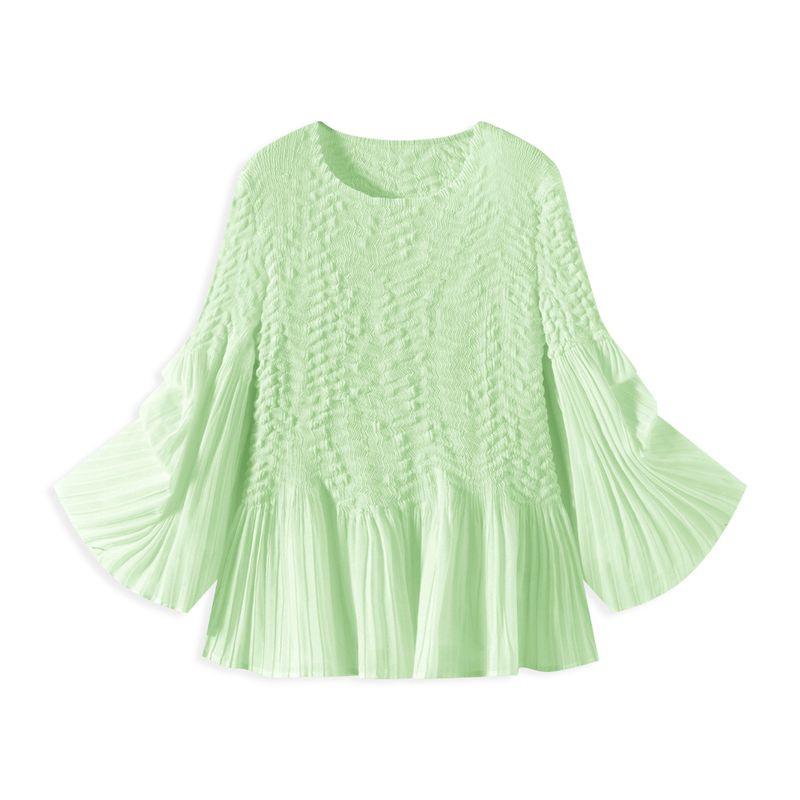 

Oz Kingdom Pleated Series! 3-Color Heavy Industry Ruched Flare Sleeve Blouse Shirt XQ Green S
