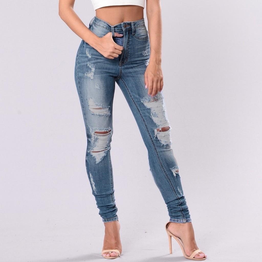 Women's High Waist Hole Jeans Button Pants Trousers Bell-bottom Pants