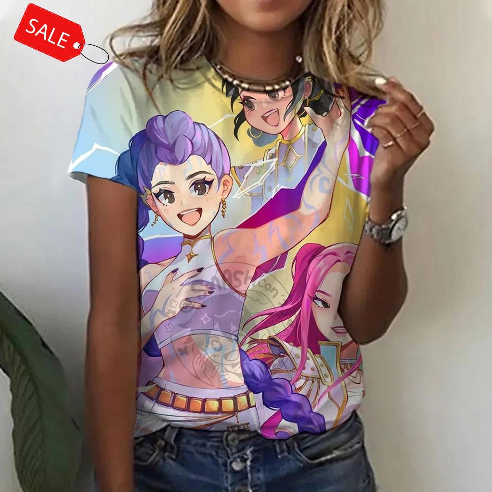 T-shirt Estiva KPop Y2K con Stampa Demon Hunters Donna Manica Corta T-shirt 3D Moda Casual Girocollo Top Largo da Donna