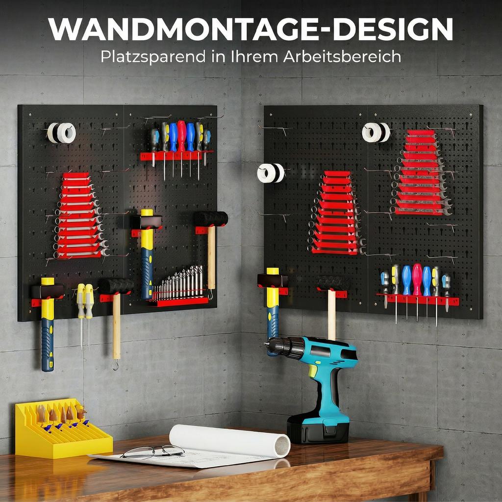 38-teiliges wandmontiertes Lochplattensystem mit 4 Platten, Werkzeugaufbewahrungseinheit für die Garage, Schwarz und Rot