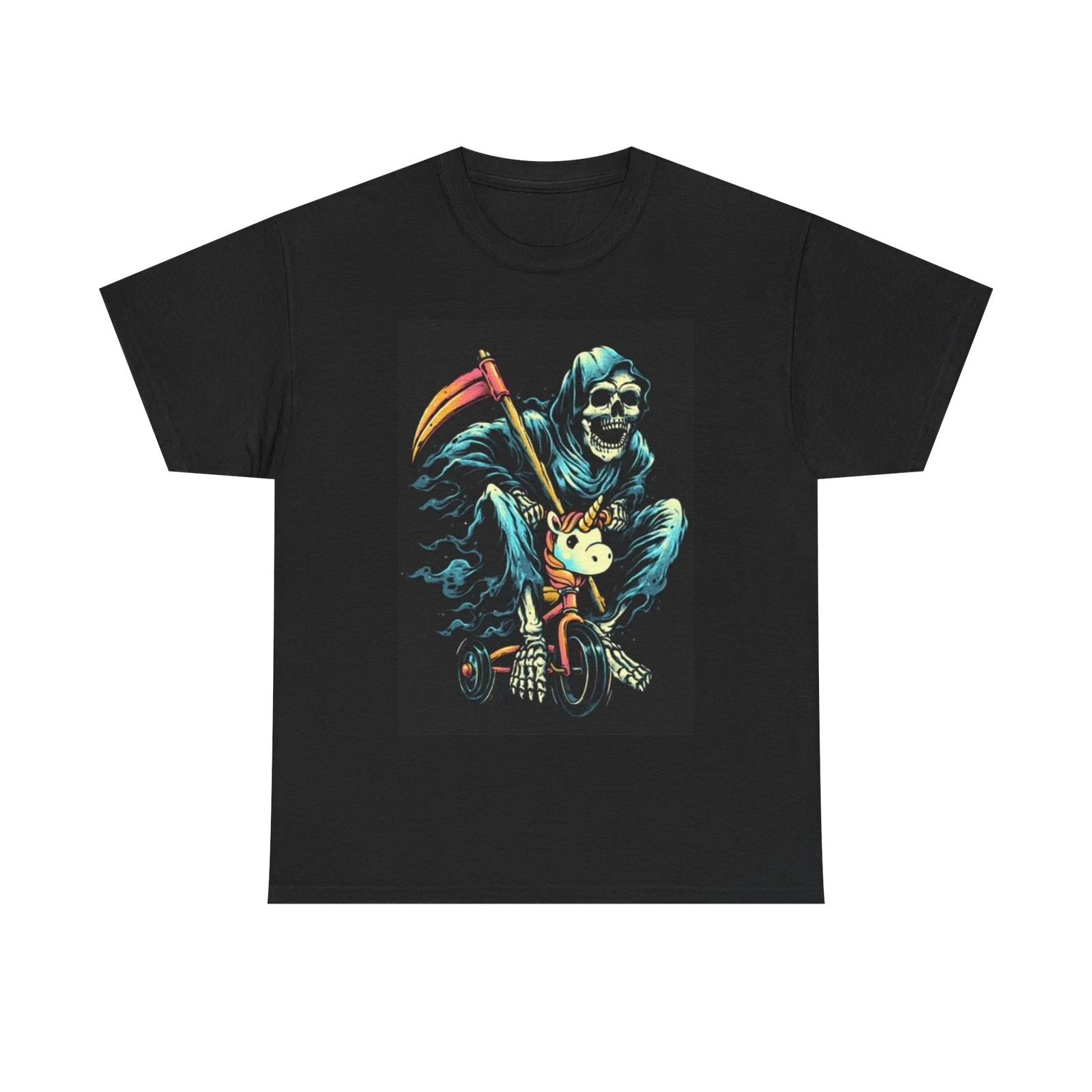 Men s and Women s T-shirts Grim Reaper Unicorn On Bike L