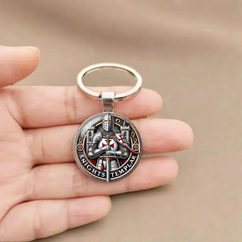 1Pcs Red Cross Pendant Templar Keychain Army Crusade Solomon Freemason Symbol Glass Gem Metal Key Ring Holder Jewelry Gifts