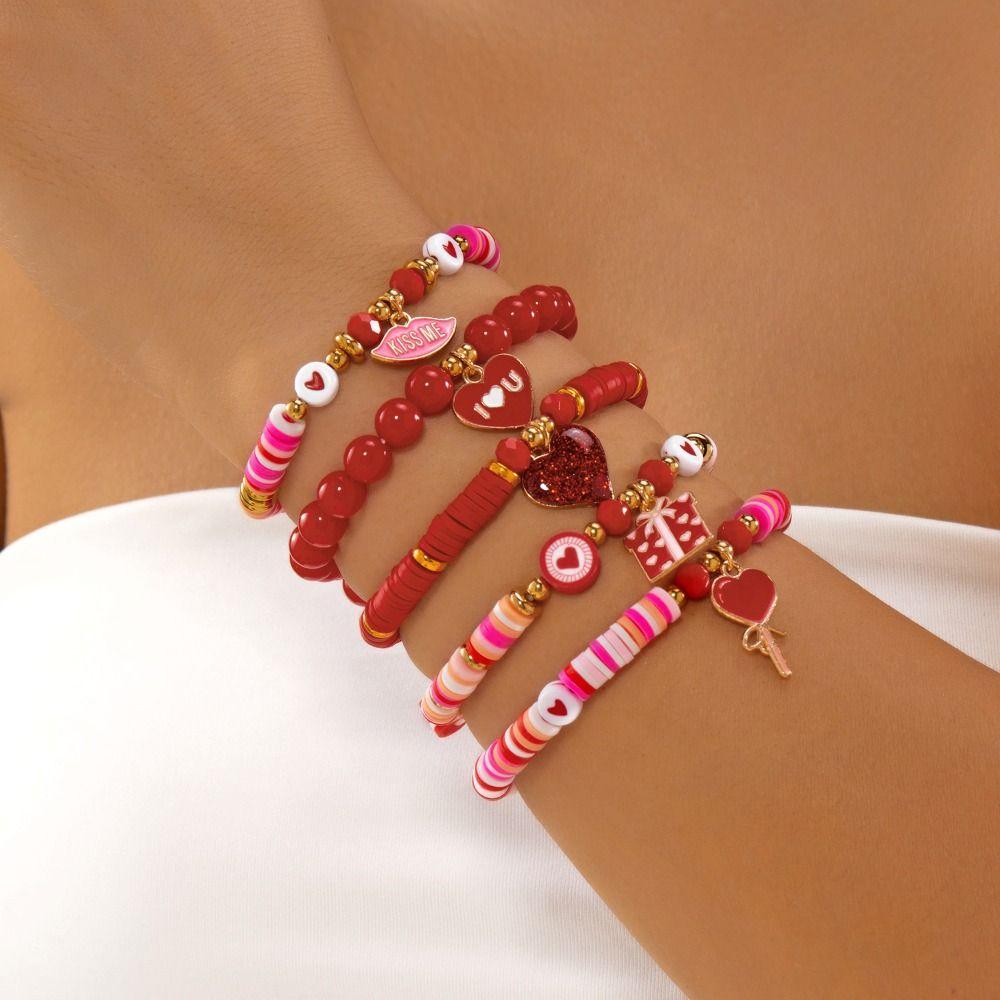 Letters Soft Clay Beaded Bracelet Red Beads Heart Pendant Hand Chain  New Year Gift