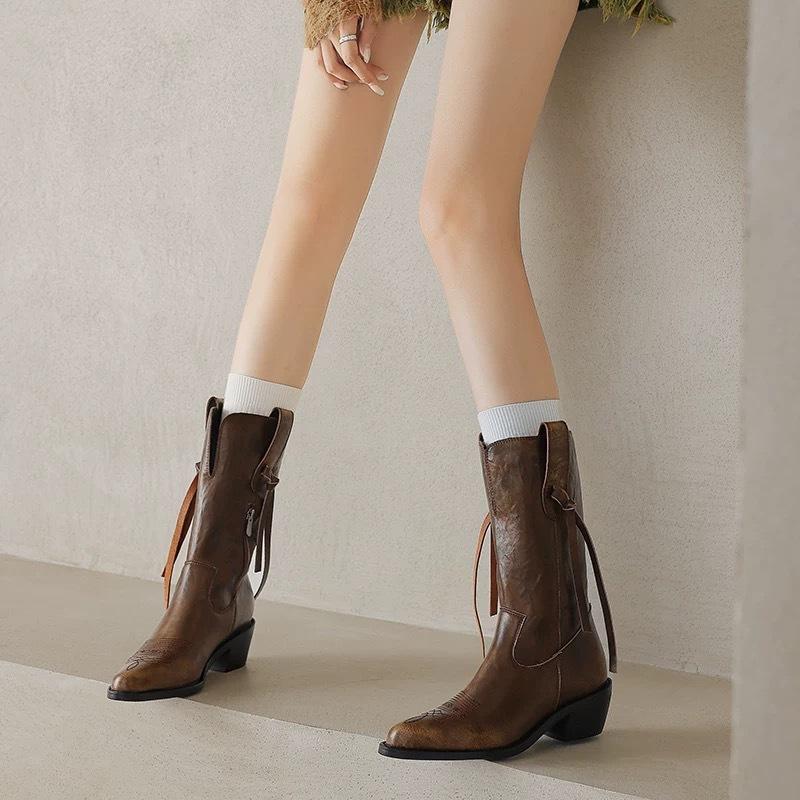 Deer Nara temperament pointed toe ins thick heel retro European and American western boots medium tube knight boots women's long boots autumn and wint