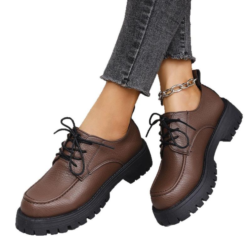 Large Size Thick-Soled Loafers Women  Spring New Style Chunky Heel Retro Lace-Up Professional Leather Shoes
