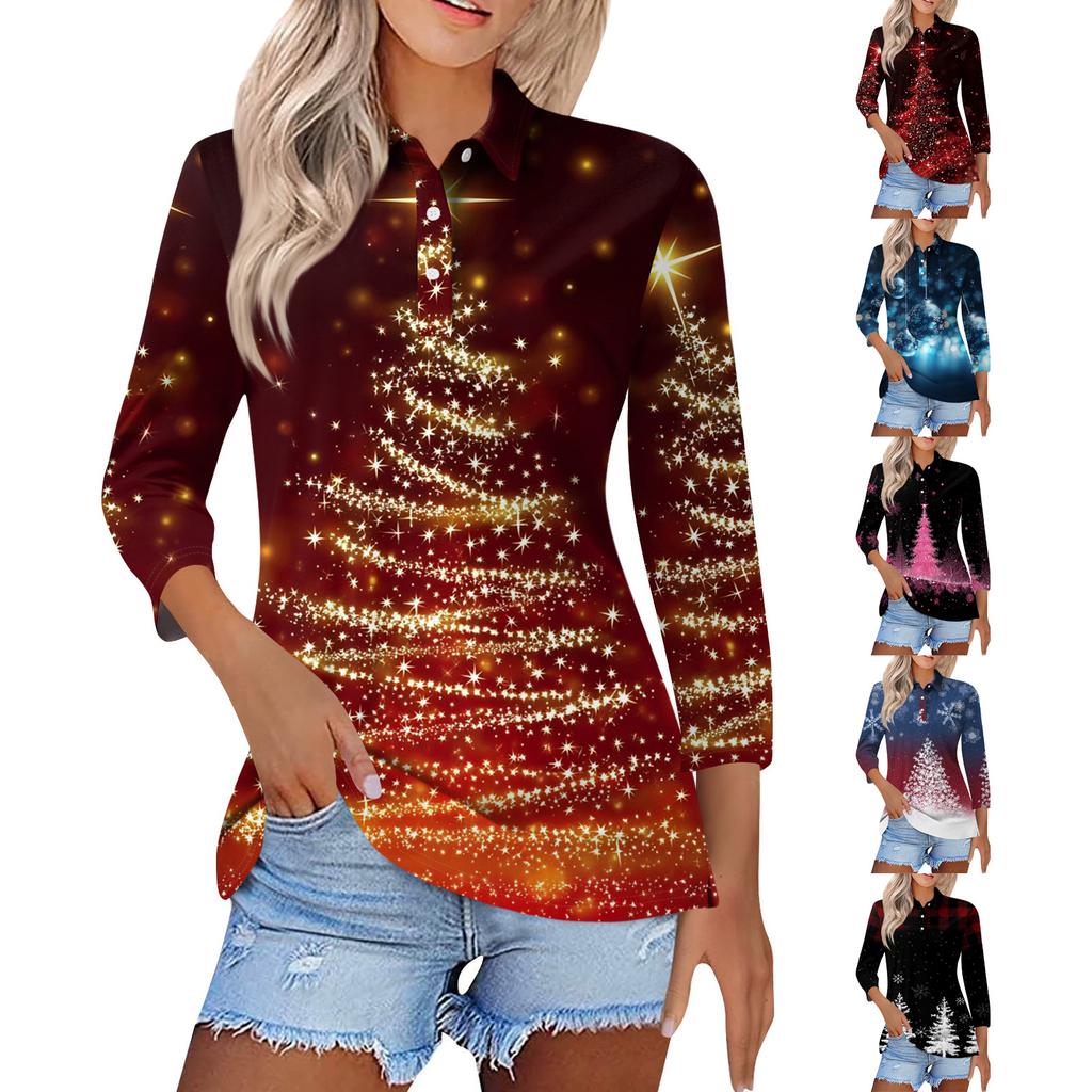 Mote dame casual revers kort 3/4 ermet juleprint skjorte dame knapp opp topper