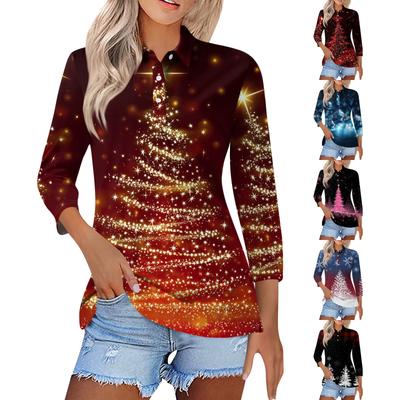 Women's Fashion Casual Lapel Short 3/4 Sleeve Christmas Print Shirt Women's Button Up Tops