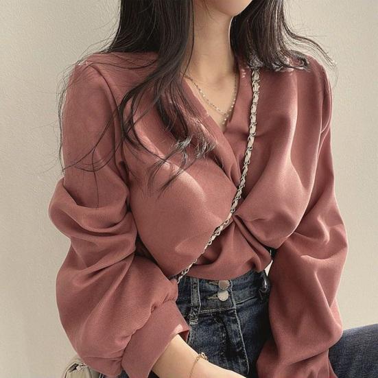 Women Shirt V-Neck Lantern Long Sleeve Pullover Tops Solid Color Knotted Design Regular Fit Tops