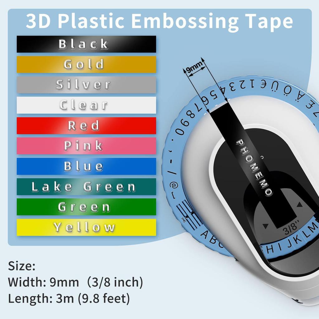 Phomemo E975 Embossed Label Tape, 9mm Color 3D Ribbon Stickers.