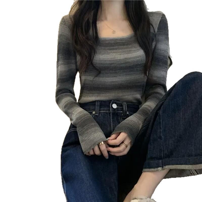 Square Neck Striped Long Sleeve Knit Top for Women - 2026 Autumn/Winter Slimming, Figure-Flattering Base Layer