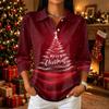 Casual Damesblouse met Kerstprint, Knoopsluiting, Driekwartmouwen en Kraag voor Feestdagen