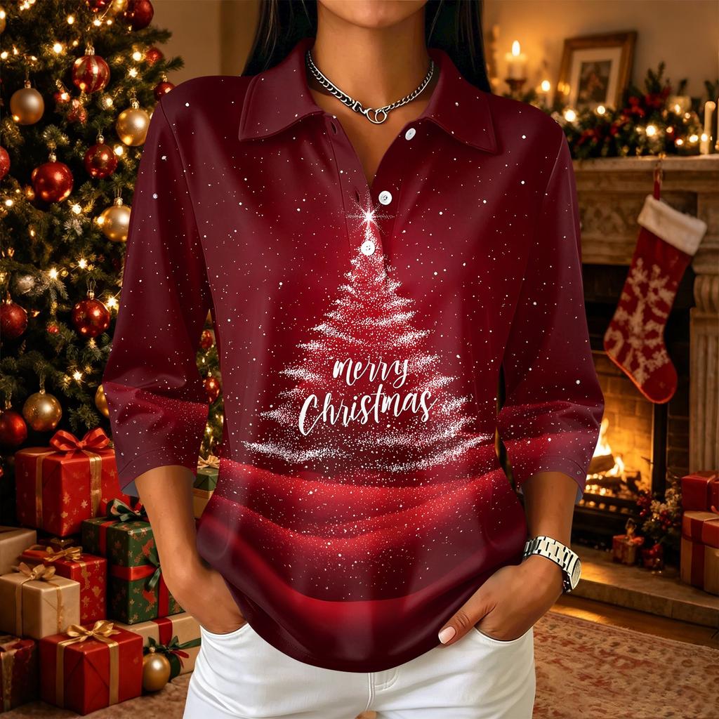 Casual Damesblouse met Kerstprint, Knoopsluiting, Driekwartmouwen en Kraag voor Feestdagen