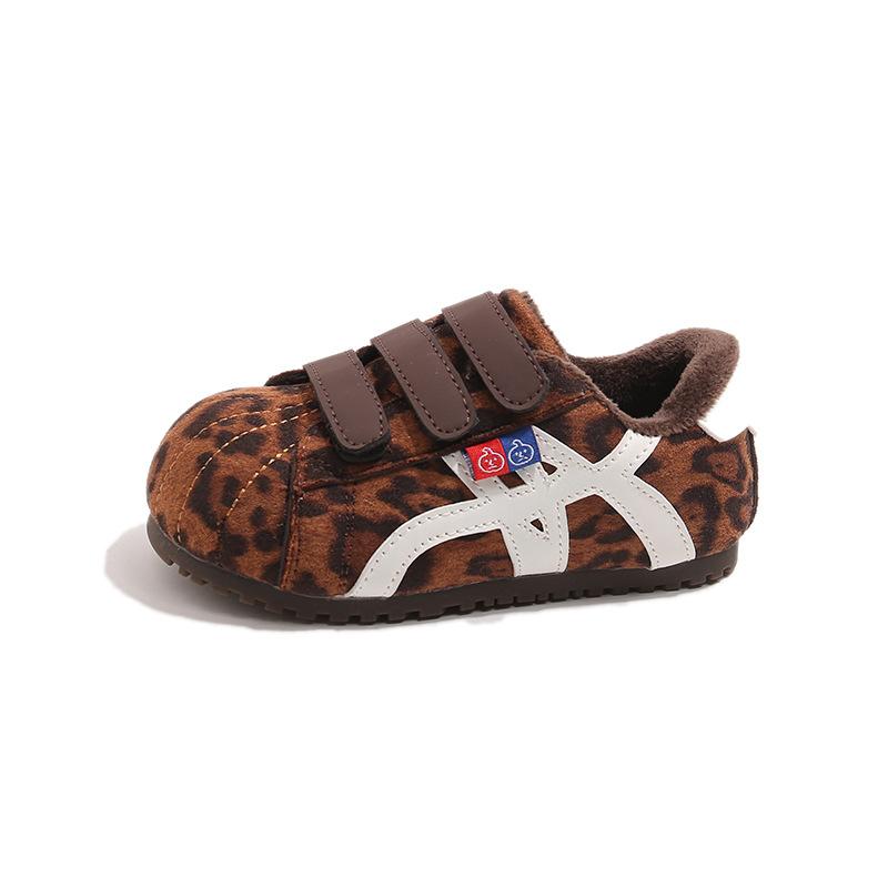 Children's cotton shoes for older kids, new autumn and winter models, girls' plush-lined non-slip leather panel shoes, boys' casual warm shoes