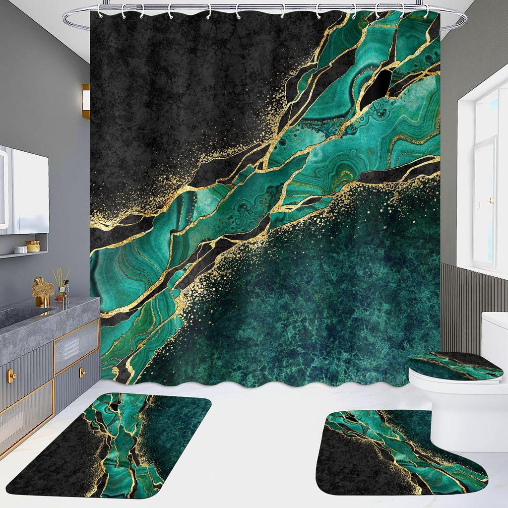 4Pcs Marble Series Shower Curtain Sets for Bathroom Non-Slip Bathroom Rugs Lid Toilet Cover Bath Mat