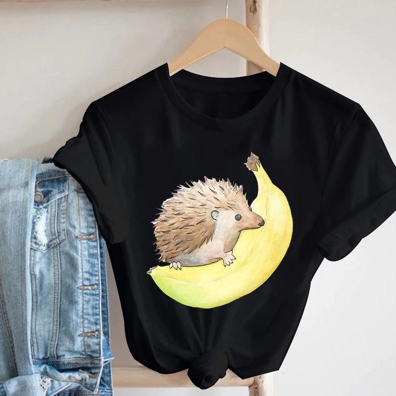 Pink Women Tshirts Casual Cute Cartoon Hedgehog Floral Graphic Print Female Tee Tops Harajuku Fashion Short Sleeve T Shirt Femme