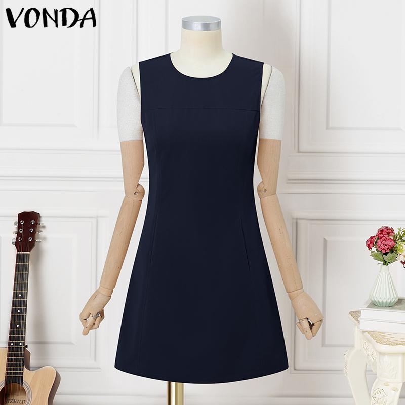 VONDA Summer Women Round Neck Sleeveless Casual A-Line Dress