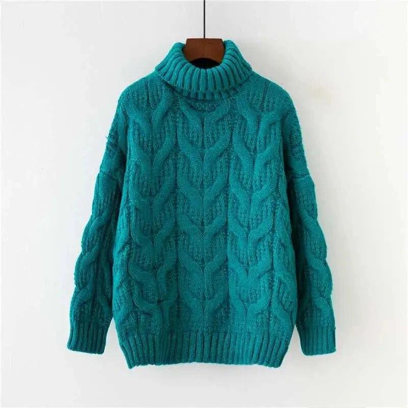 

Свитер с высоким воротником, утолщенный свободный вязаный крючком в полоску, женский короткий вязаный пуловер, теплый джемпер, повседневный, для путешествий, новая мода, осень-зима M зелёный