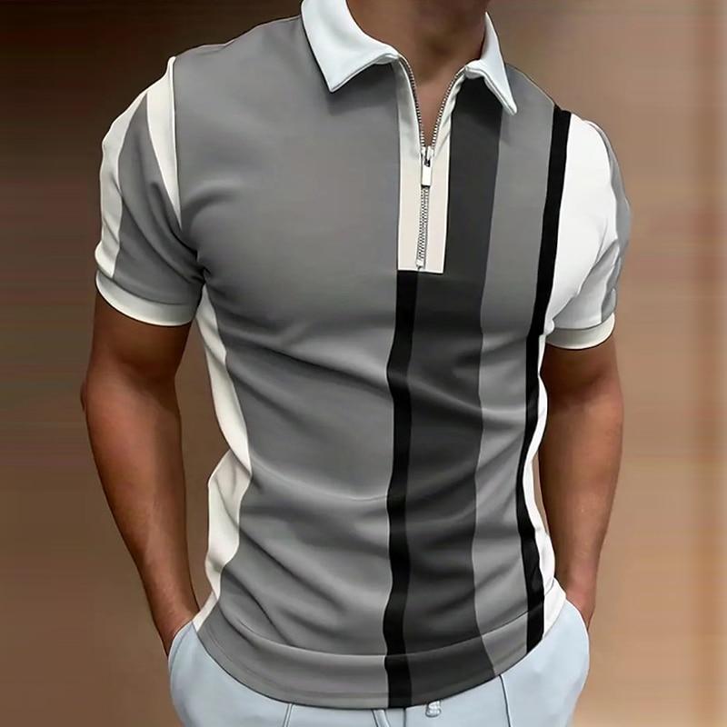 Men's Shirt Polo Casual Zip Short Sleeve Fashion Casual Zipper Summer Spring Regular Fit 3D Grey Stripe Print Shirt