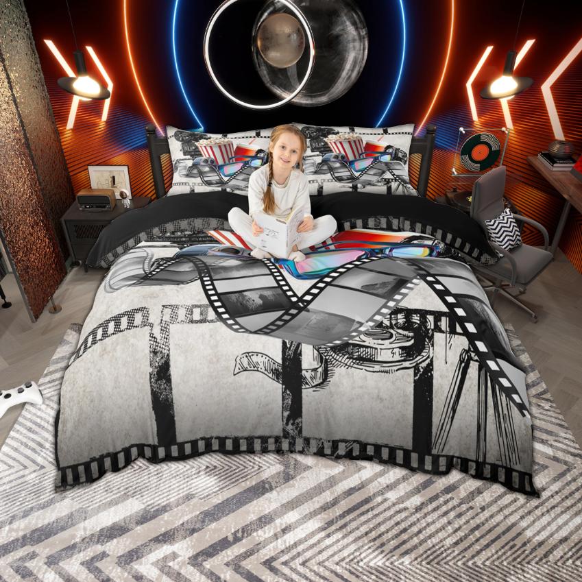 Homewish Kino Popcorn Bettbezug Set, Vintage Film Bettwäsche Set, Film Thema Bett Set, Raumdeko