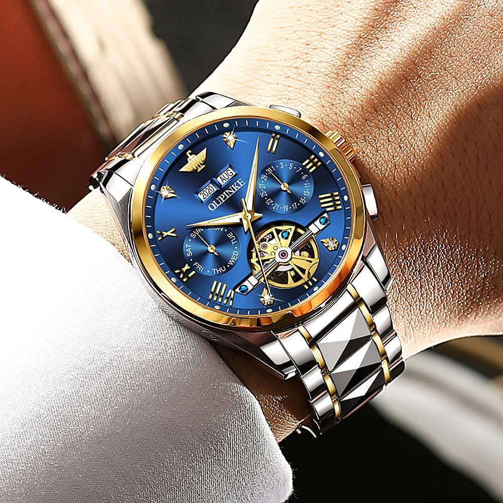 OUPINKE Automatic Watch Business Mechanical Watch Skeleton Waterproof Calendar Automatic Manual Winding Hollow Dial Blue Men's - - - - -