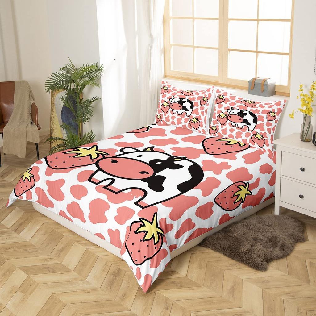 Pink Cartoon Cow Three-Piece Quilt Cover 3D Digital Printing Bedding Kit Bed Cover