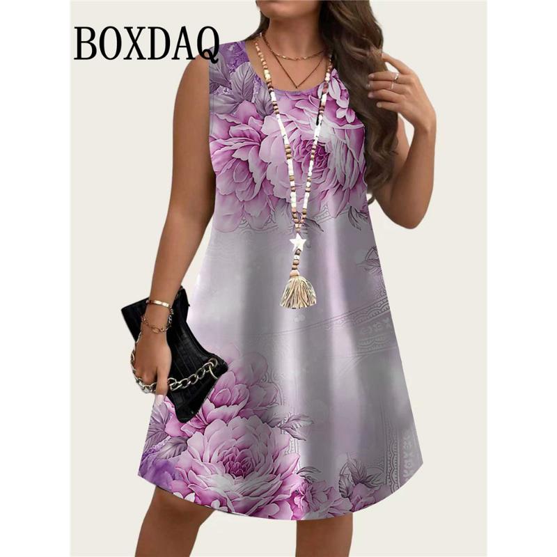 Tie Dye Purple Flowers 3D Printed Dresses For Summer 2026 Women Sundress Loose Sleeveless Dress Casual Retro Plus Size Dress 6XL