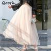 Vintage Elegant High Waist Tulle Skirt 3 Layers Mesh Elastic Waist Gauze Tutu Skirt Autumn Spring Ball Gown Long QT2001