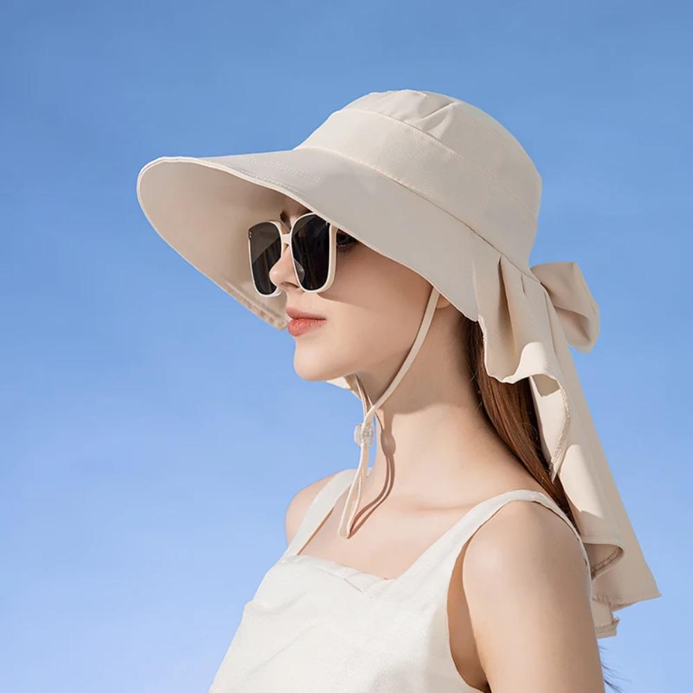 With Shawl Sunshade Bucket Hat with Ponytail Hole Aiti UV Fishman Hat New Design Bow Sun Hat  Beach