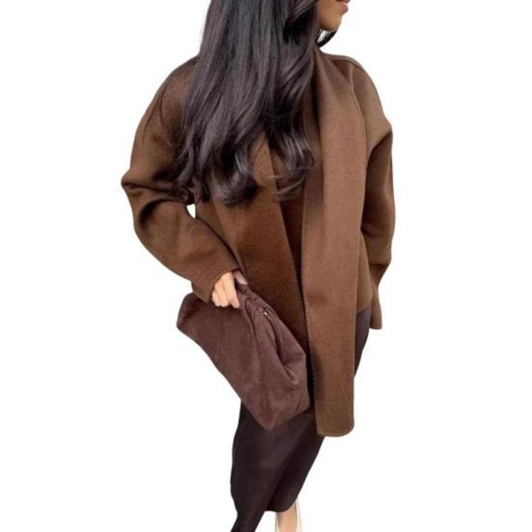 

Women Long Sleeve Cardigan Coat with Scarf Shawl V Neck Loose Short Jacket Solid Color Daily Commuting Spring Fall Outerwear L верблюд