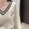 Puppy Badge Embroidered Women's V-Neck Retro Sweater - Autumn/Winter Wool Knit, Short Fitted Academy Style Pullover