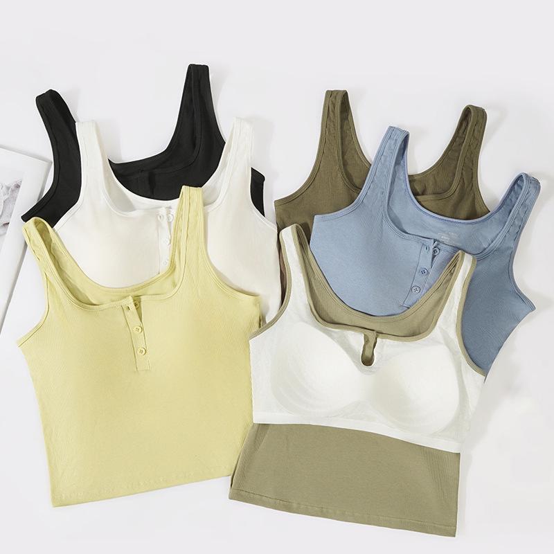 Versatile Women's Pure Cotton Ribbed Button-Up Vest with Chest Pads - Sports Slim-Fit Sleeveless Base Layer Top