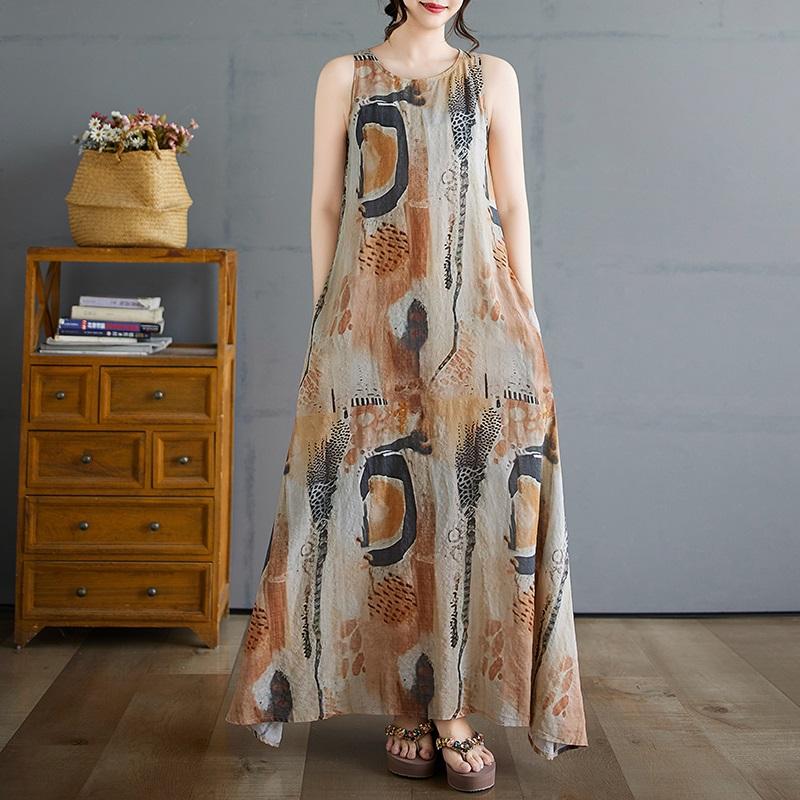 

Новое хлопковое винтажное платье с цветочным принтом без рукавов больших размеров для женщин, повседневное свободное длинное летнее платье XXL