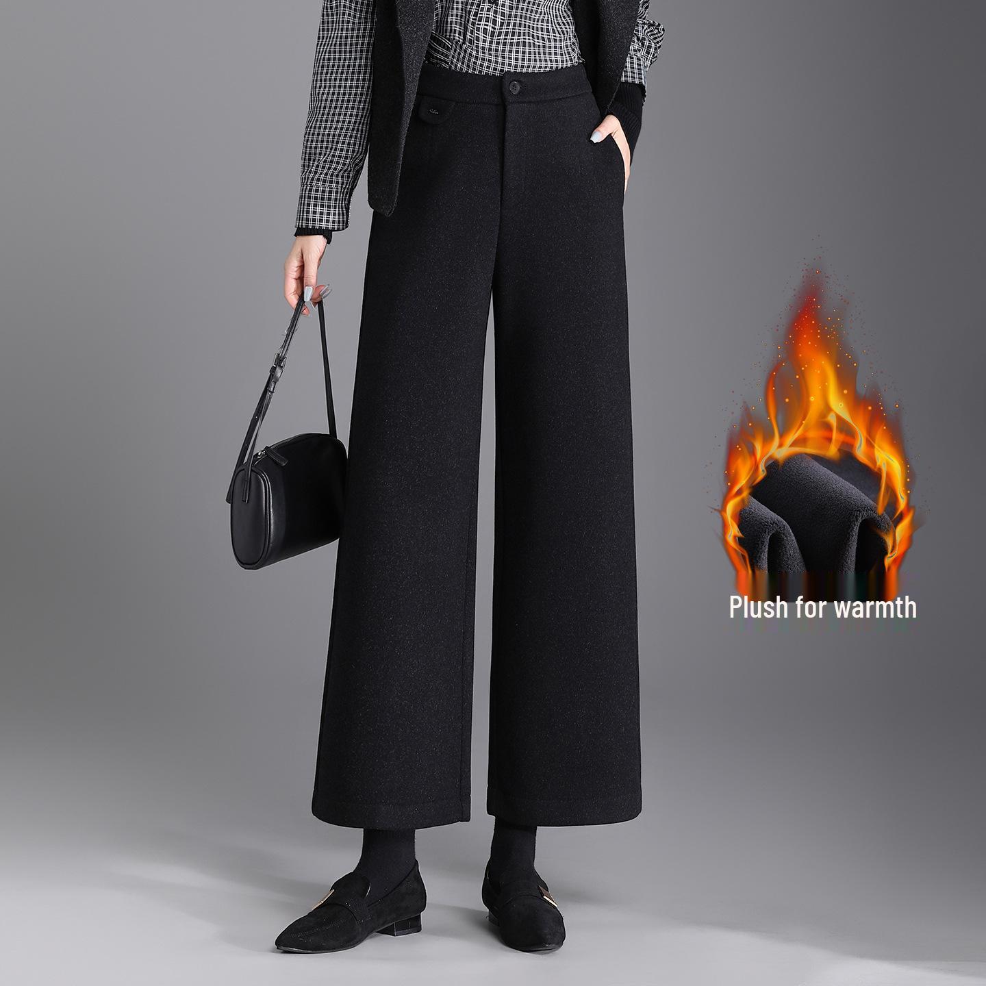 

Women s High-Waisted Woolen Wide-Leg Pants – Winter Style, Versatile, Loose Drape, Nine-Point Length with Plus Velvet. 2XL черный серый