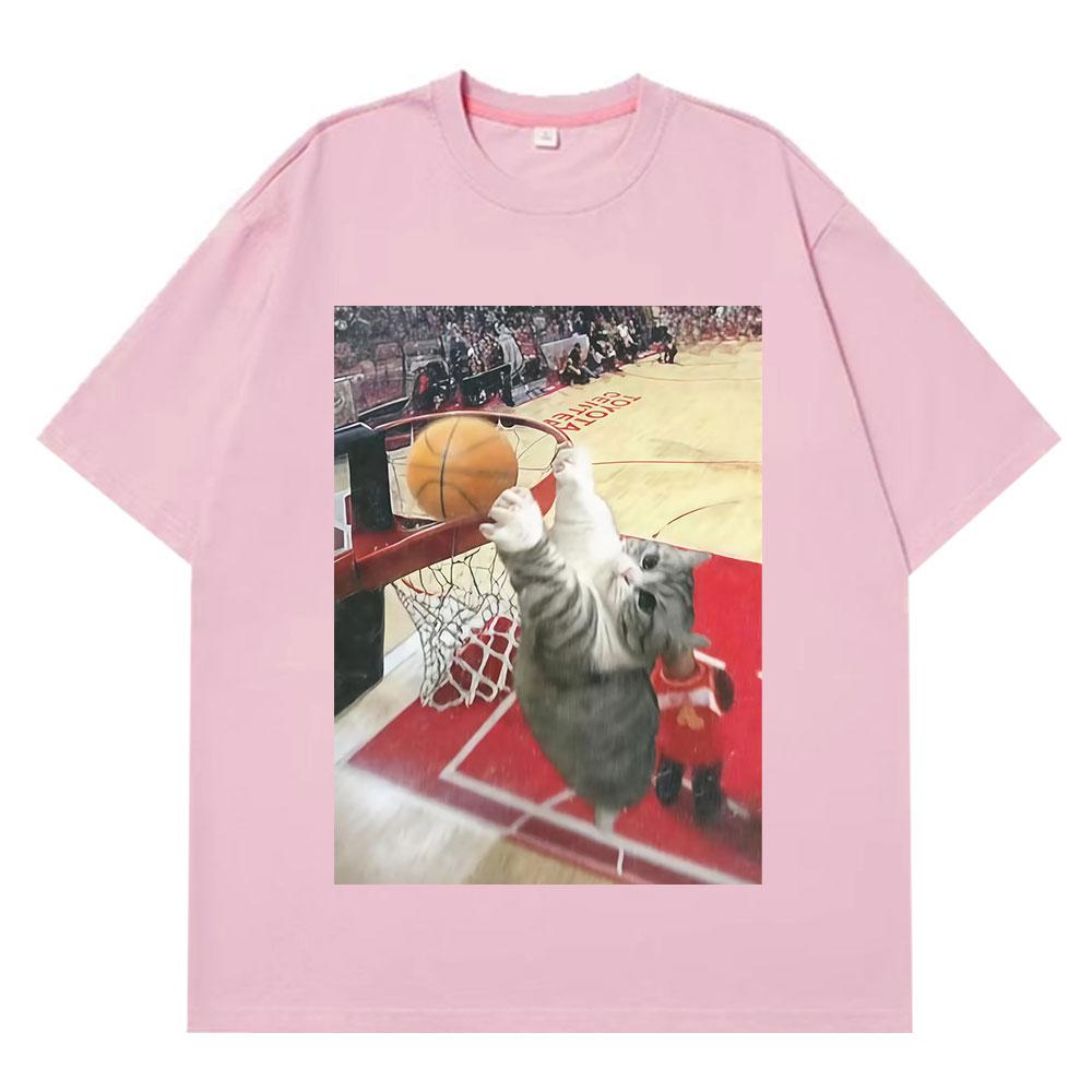 Vintage Funny Cat Dunking Basketball Meme T Shirt Men Women Casual Tshirt Summer Loose Cotton Highquality Oversized Tshirts