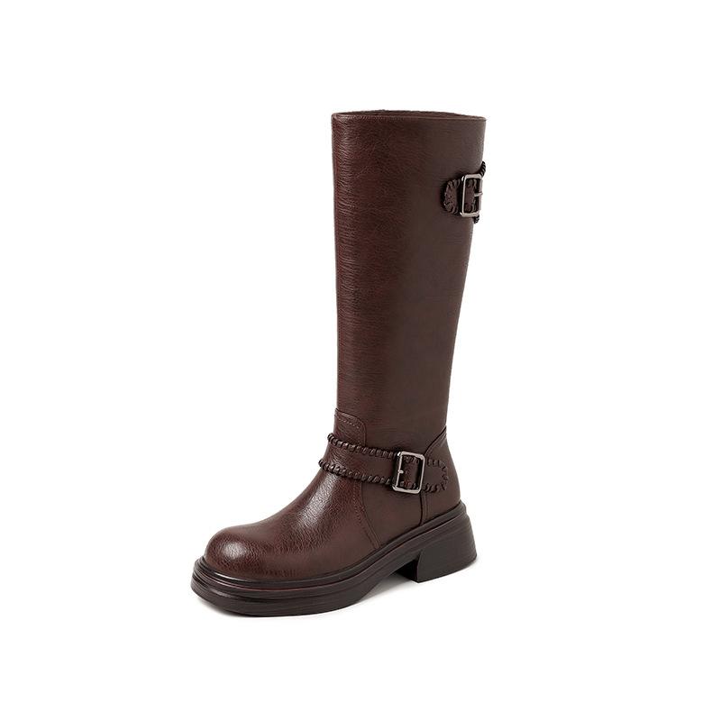 Sweet and cool Spice Girls simple but knee knight boots 2025 autumn and winter new round head thick sole thick heel belt buckle high boots