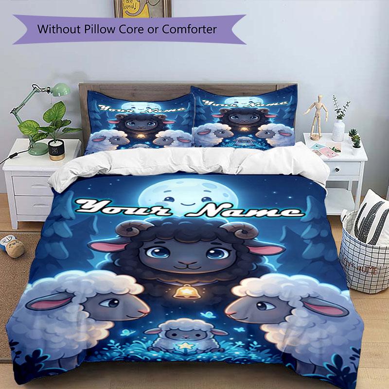 3PC Custom Name Moonlit Sheep Adventure Bedding Set Duvet Cover Closure Includes 1 Duvet Cover & 2 Pillowcases for Bedroom