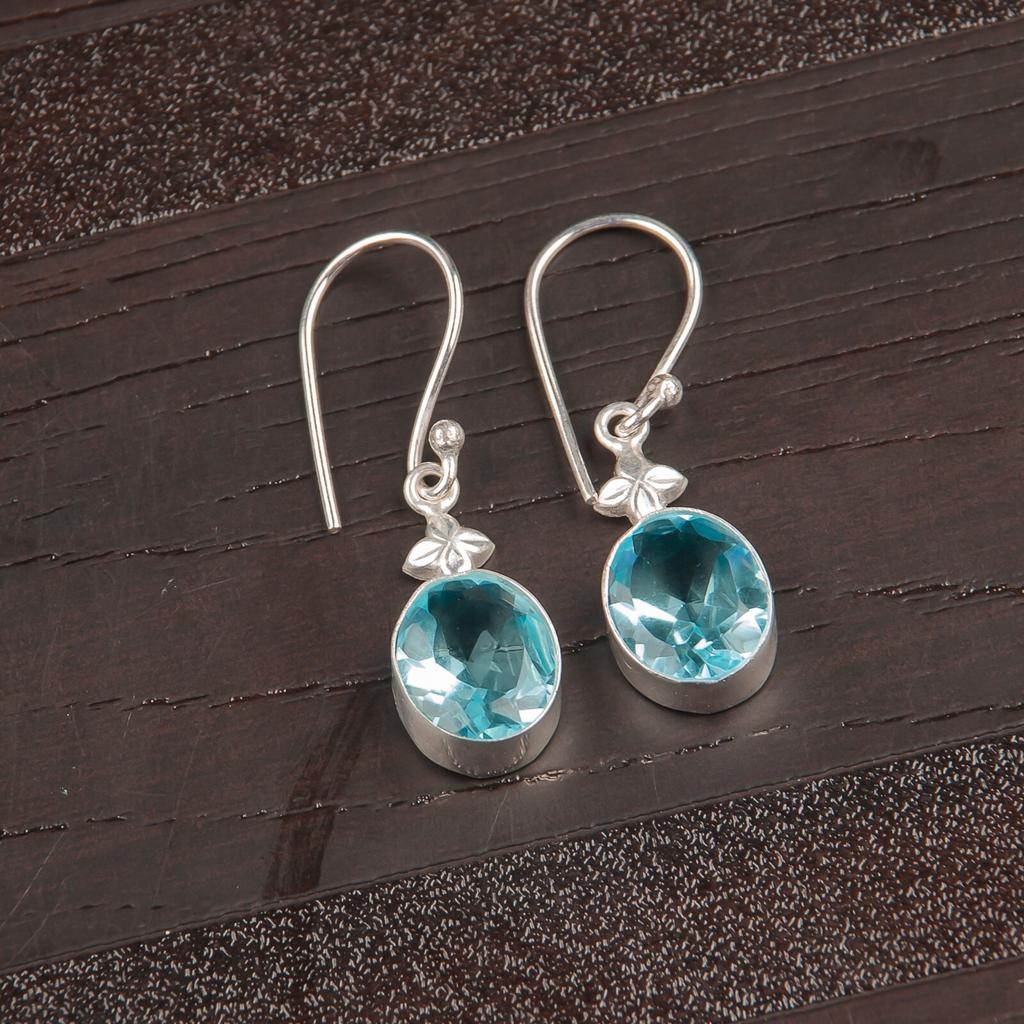 Natural Sky Blue Topaz Gemstone 925 Sterling Silver Handmade Jewelry Earrings EE-6-8