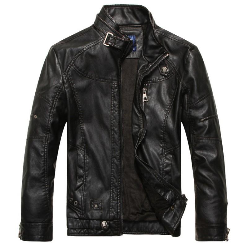 Mens Faux Leather Biker Jacket With Stand Collar Fleece Lined Washed Vintage Style Slim Fit Winter Casual Wear