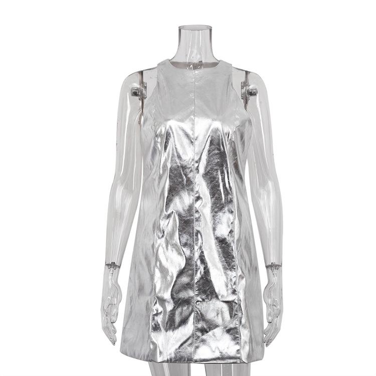 

Women s Shiny PU Sleeveless A Line Mini Dress Sexy Club Nightwear Straight Tank Dress L срібний
