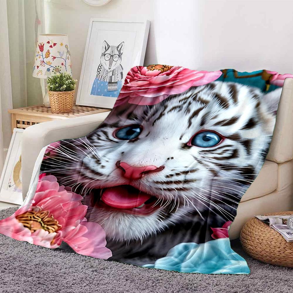 1pc Tiger Cub Flowers Blanket Lightweight Flannel Blanket Throw Blanket For Sofa, Bed, Travel, Camping, Livingroom, Office yy251015153