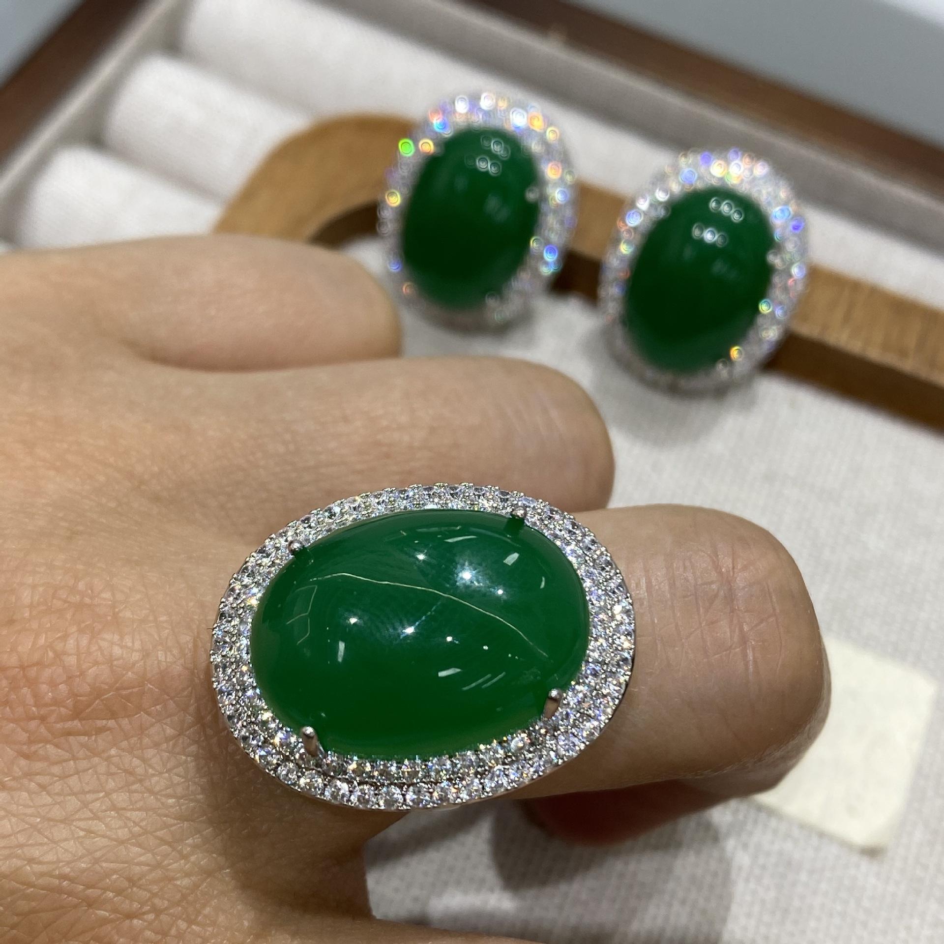Green Open Ring Earrings Crystal Inlaid Jewelry