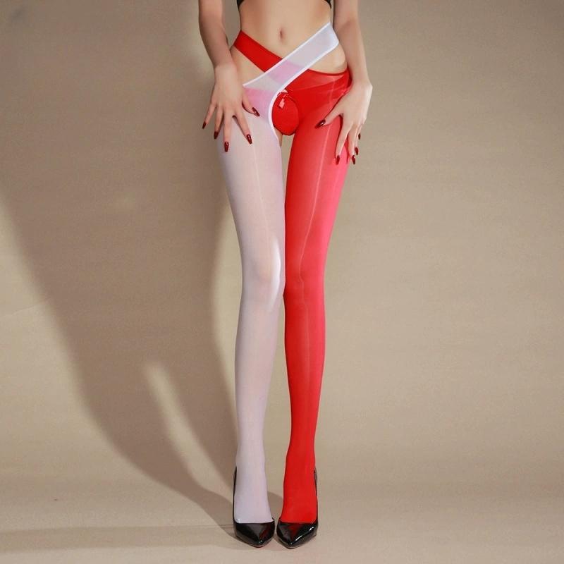 8D Ultra Thin Transparent Cross Thigh High Stockings Women Sexy Horse Oil Shiny Crotchless Pantyhose Pole Dance Clubwear