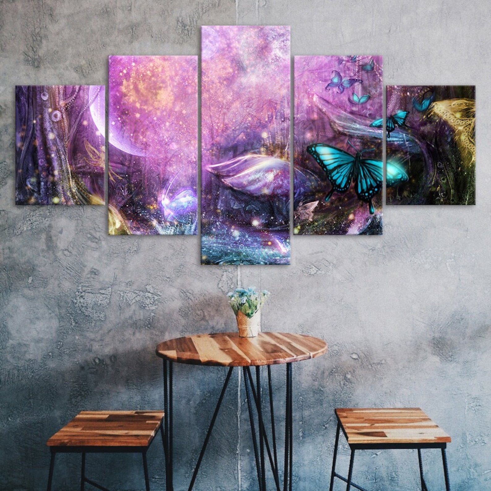 

Fantasy World Forest Butterfly Purple Scene 5 Piece Five Panel Wall Canvas Print Modern Art Poster Picture Home Decor Gift For Him For Her 20X35 20X45 20X55CM