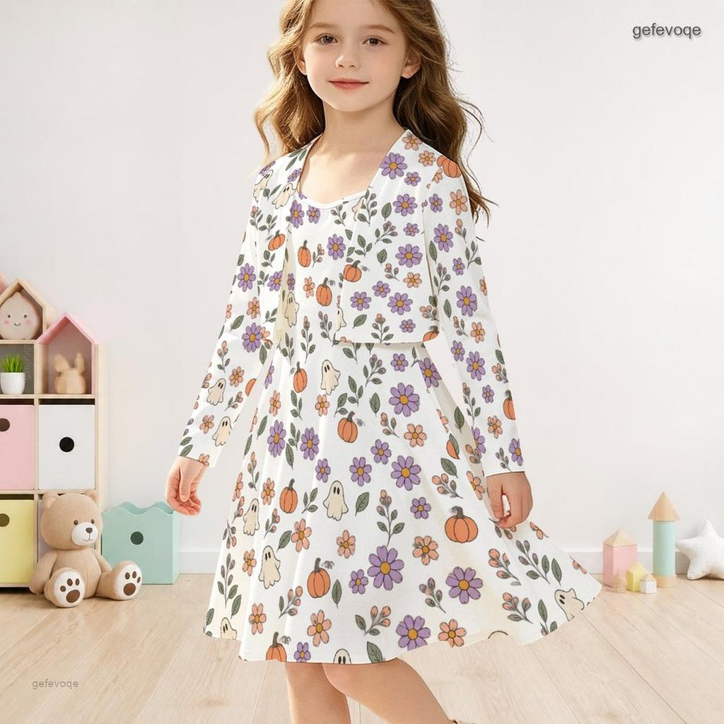 Girls White Halloween Two Piece Outfit Long Sleeve Cardigan Sleeveless Dress Pumpkin Bat Bow Print
