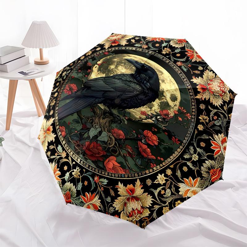 Moon RavenThemed Automatic Opening and Closing Umbrella 8 Ribs, Suitable for Leisure and Going Out, Outdoor Accessory, Gothic Style, Fashi
